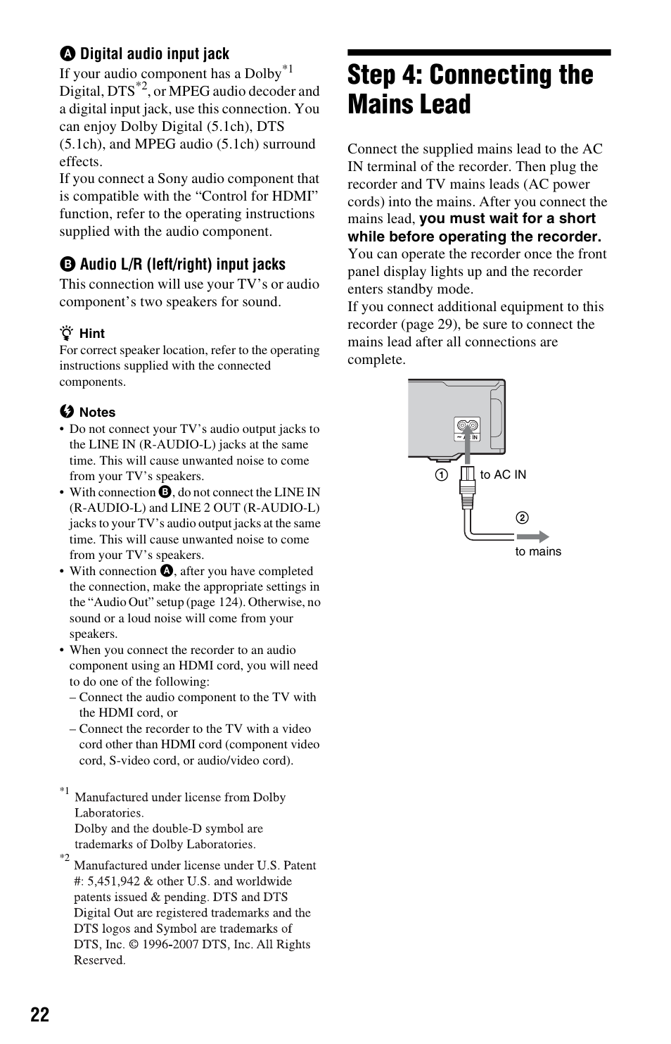 Step 4: connecting the mains lead, Inal (22), Step 4: connecting the mains lead” o | Sony AT107 User Manual | Page 22 / 160