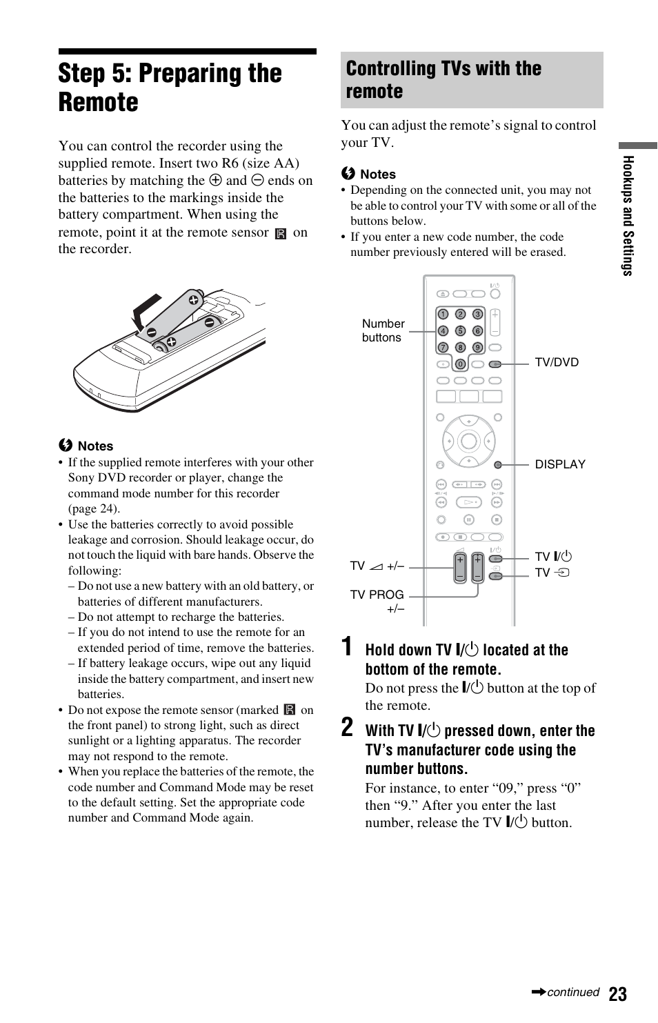 Step 5: preparing the remote, Controlling tvs with the remote, Tv/dvd (23) | T) (23) | Sony AT107 User Manual | Page 23 / 160