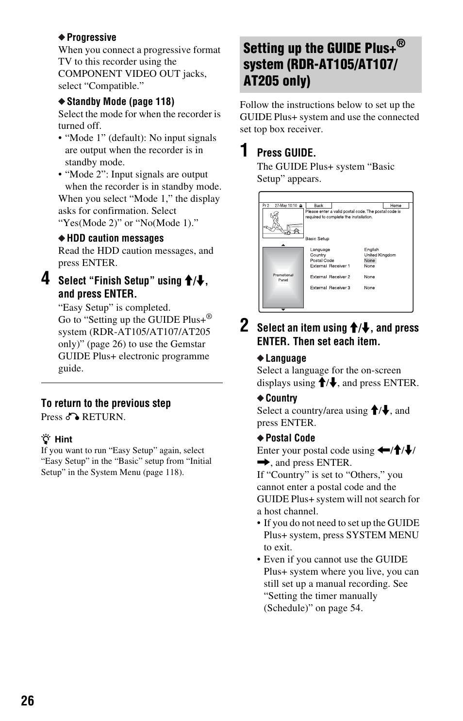 Setting up the guide plus, System, Rdr-at105/at107/at205 only) | Sony AT107 User Manual | Page 26 / 160