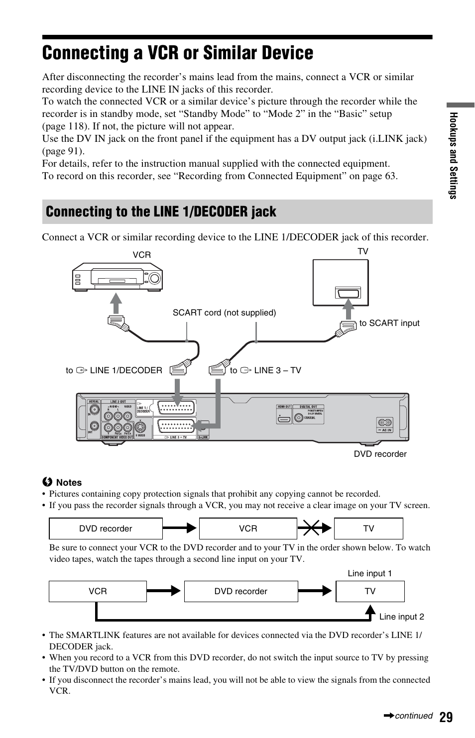 Connecting a vcr or similar device, Connecting to the line 1/decoder jack | Sony AT107 User Manual | Page 29 / 160