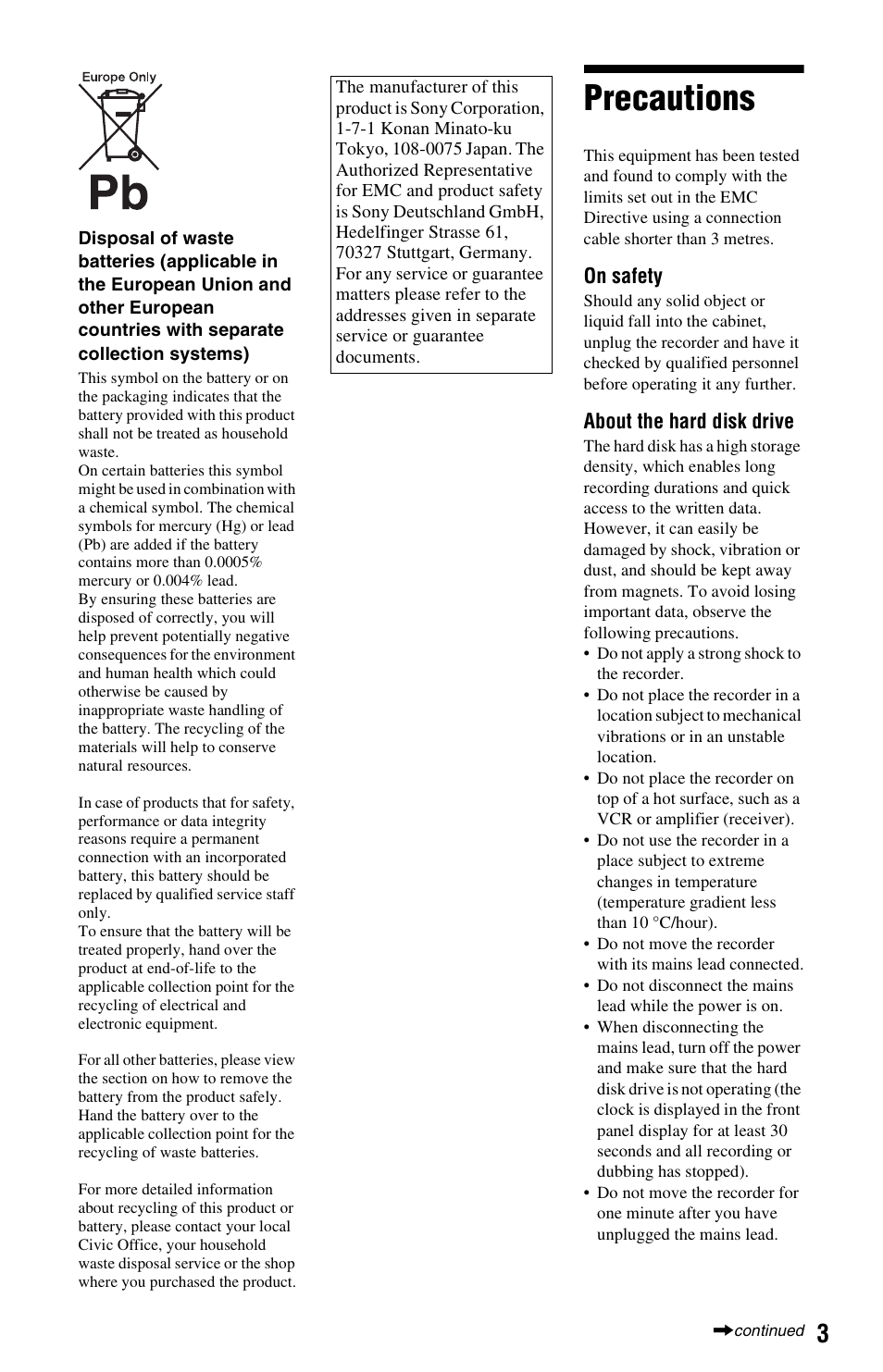 Precautions | Sony AT107 User Manual | Page 3 / 160