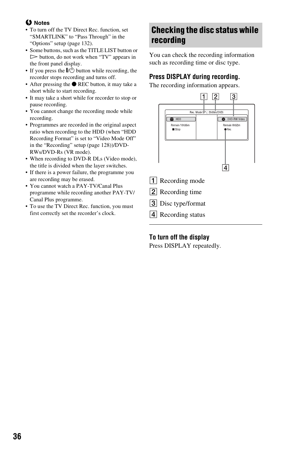 Checking the disc status while recording | Sony AT107 User Manual | Page 36 / 160