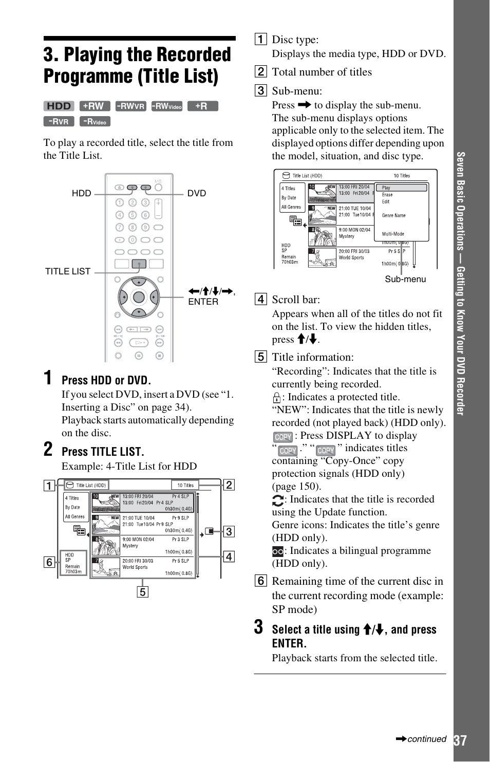 Playing the recorded programme (title list) | Sony AT107 User Manual | Page 37 / 160