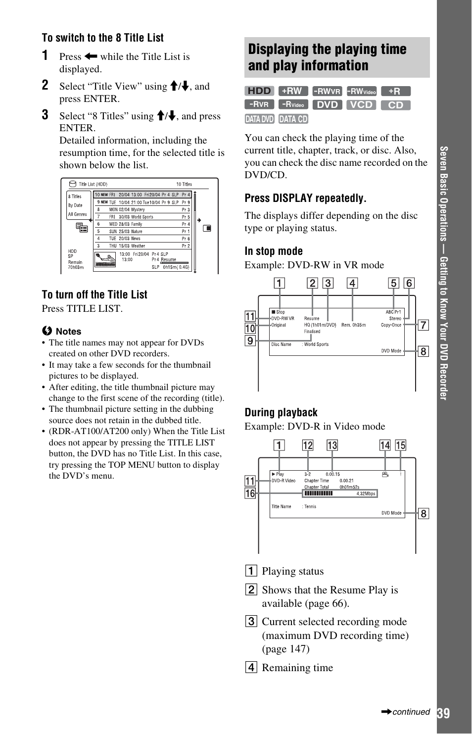 Displaying the playing time and play information, Display (39) | Sony AT107 User Manual | Page 39 / 160