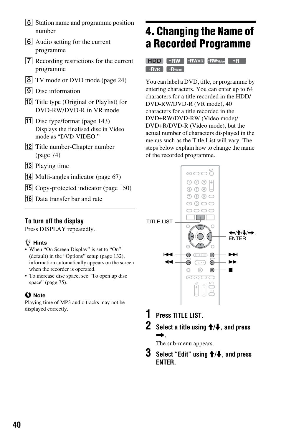 Changing the name of a recorded programme | Sony AT107 User Manual | Page 40 / 160