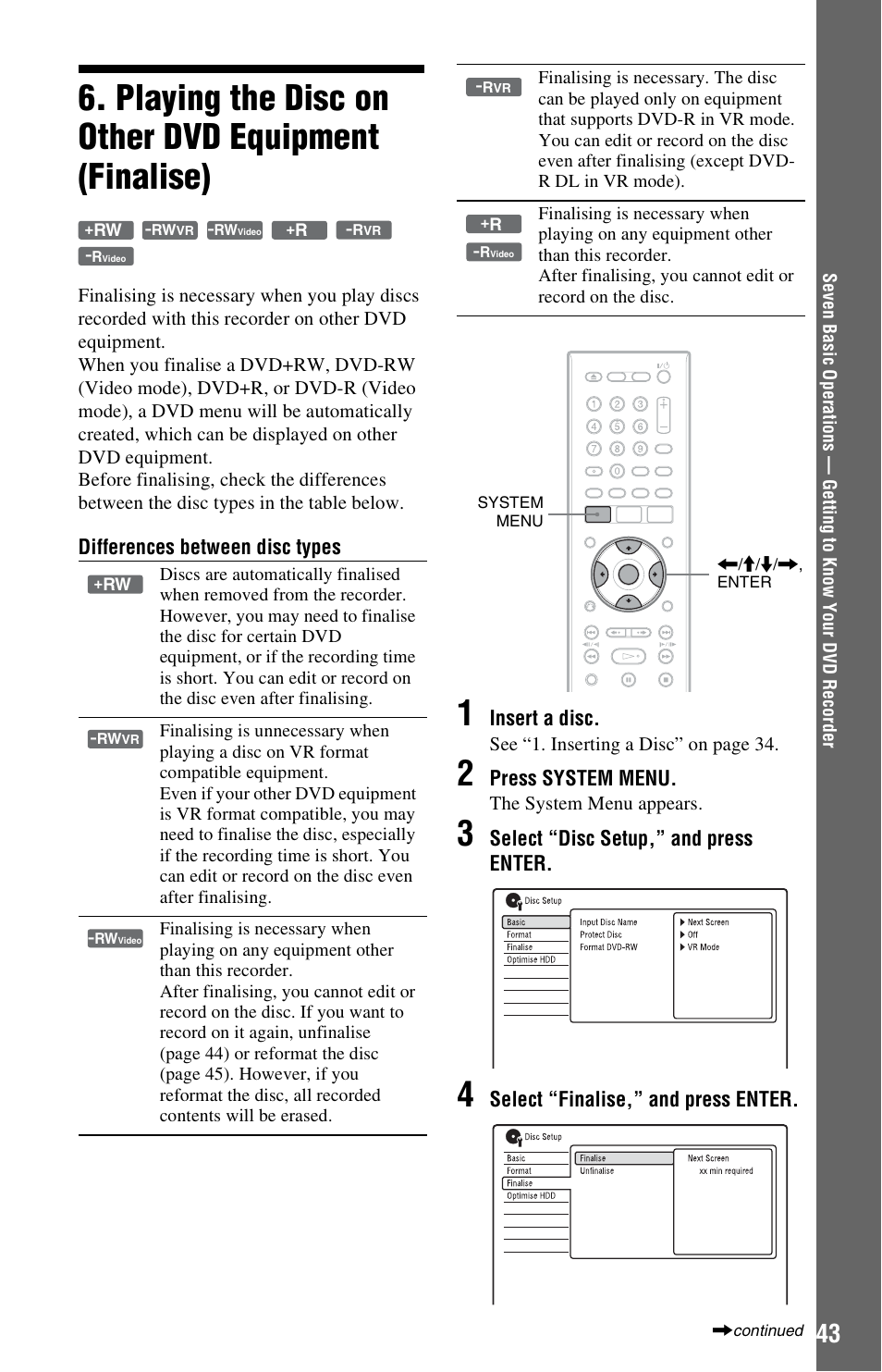 Playing the disc on other dvd equipment (finalise) | Sony AT107 User Manual | Page 43 / 160