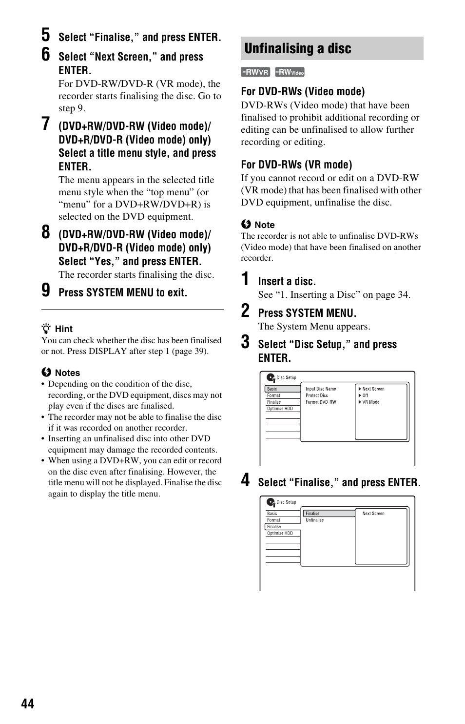 Unfinalising a disc | Sony AT107 User Manual | Page 44 / 160