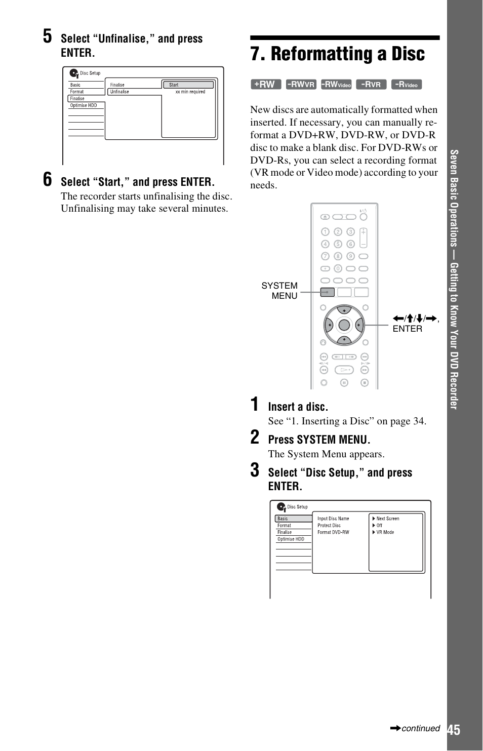 Reformatting a disc | Sony AT107 User Manual | Page 45 / 160