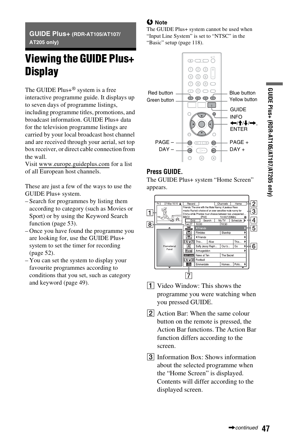 Guide plus+ (rdr-at105/at107/at205 only), Viewing the guide plus+ display, Y) (47) | Ly) (47), E) (47, 6 | Sony AT107 User Manual | Page 47 / 160