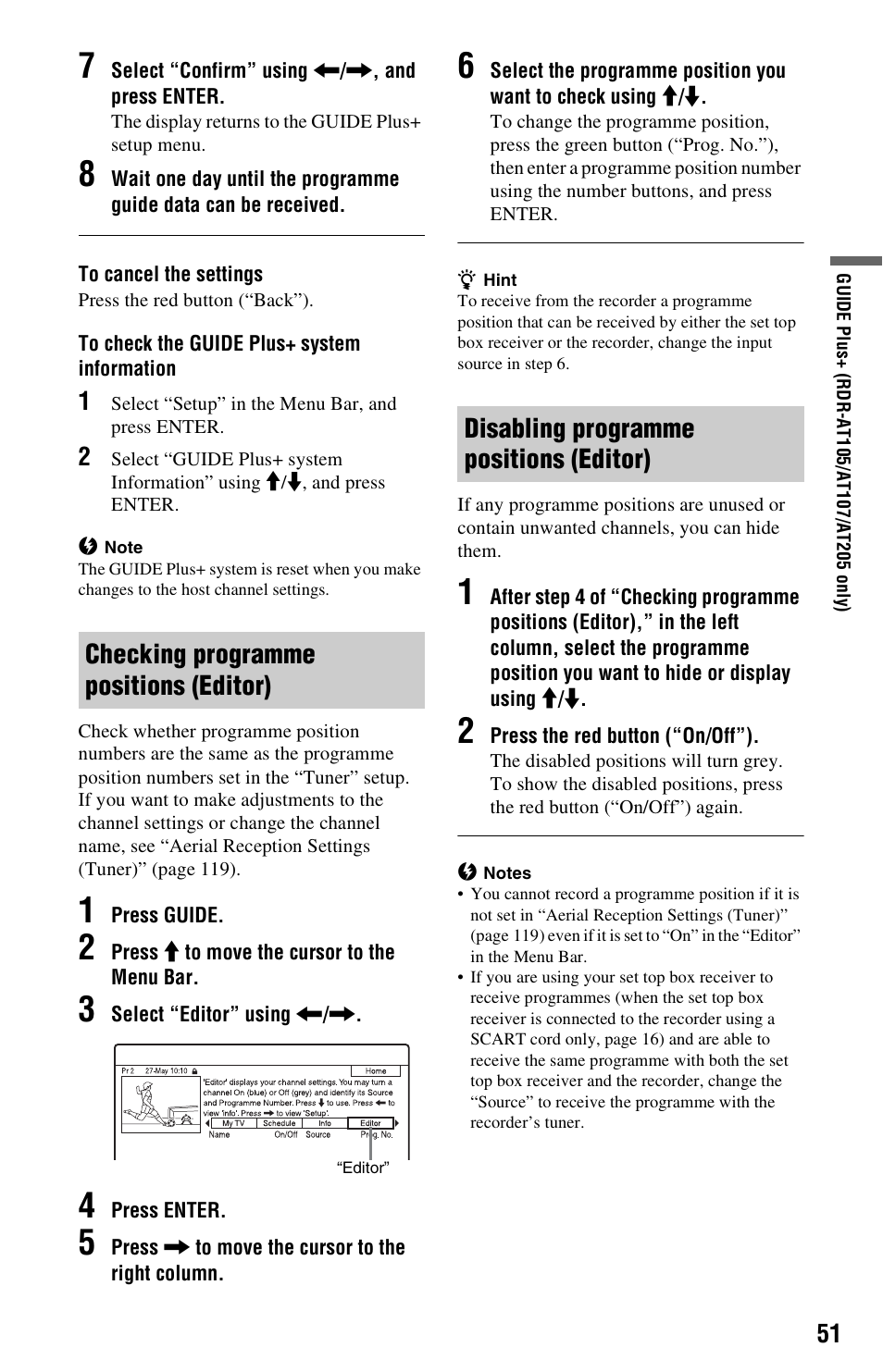 Checking programme positions (editor), Disabling programme positions (editor) | Sony AT107 User Manual | Page 51 / 160