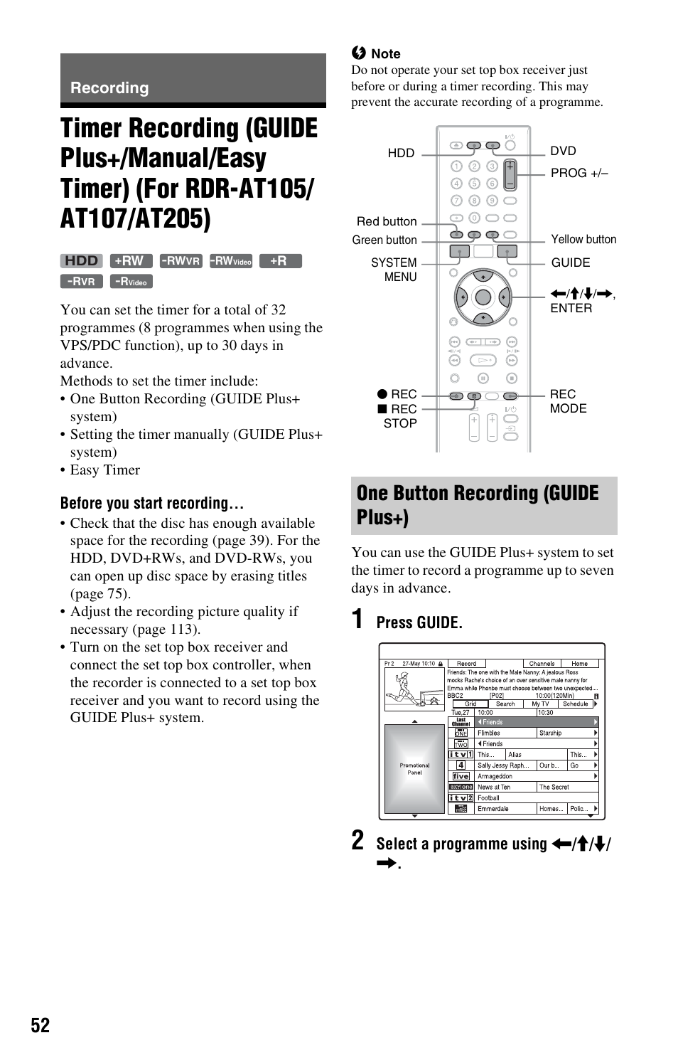 Recording, One button recording (guide plus+), Timer recording (guide plus+/manual/easy timer) | Sony AT107 User Manual | Page 52 / 160