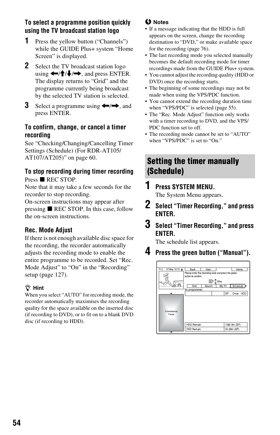 Setting the timer manually (schedule) | Sony AT107 User Manual | Page 54 / 160