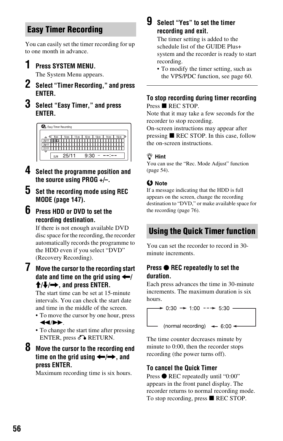 Easy timer recording, Using the quick timer function | Sony AT107 User Manual | Page 56 / 160