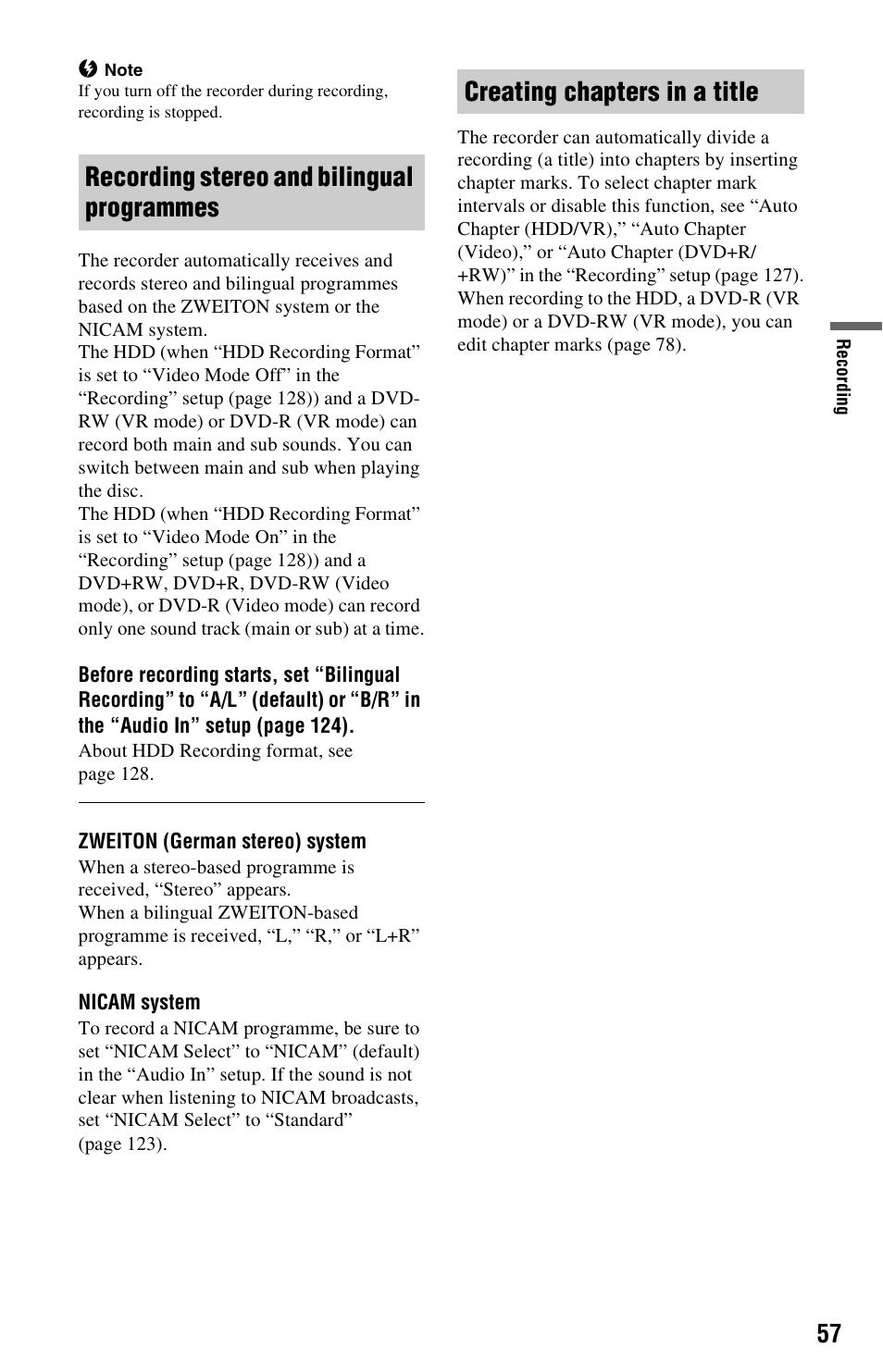 Recording stereo and bilingual programmes, Creating chapters in a title | Sony AT107 User Manual | Page 57 / 160