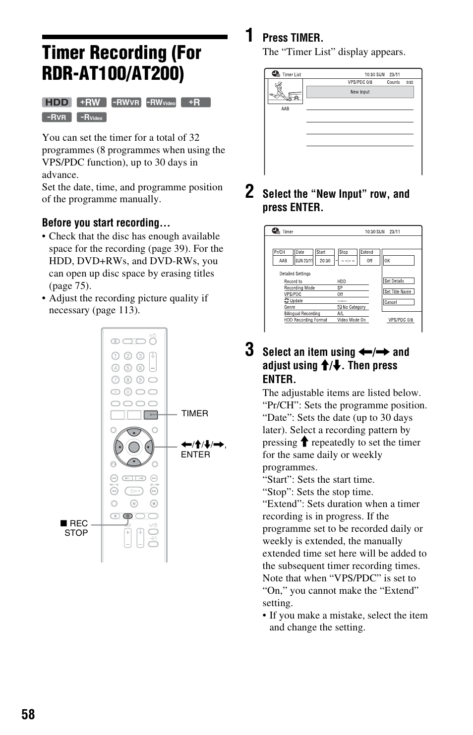 Timer recording (for rdr-at100/at200) | Sony AT107 User Manual | Page 58 / 160