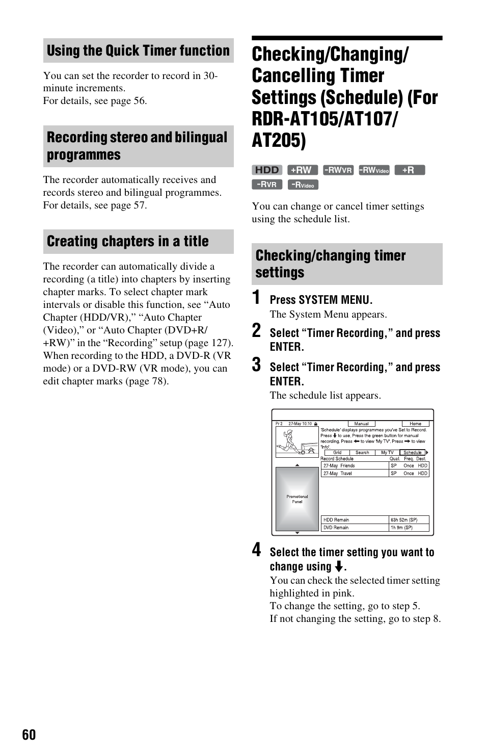 Using the quick timer function, Recording stereo and bilingual programmes, Creating chapters in a title | Checking/changing timer settings | Sony AT107 User Manual | Page 60 / 160