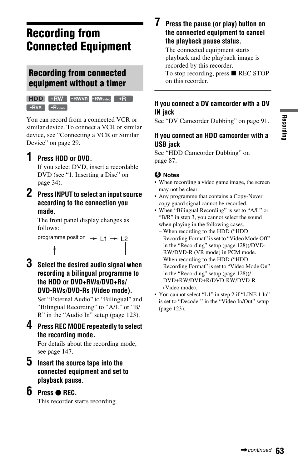 Recording from connected equipment, Recording from connected equipment without a timer, T) (63) | Ct) (63) | Sony AT107 User Manual | Page 63 / 160