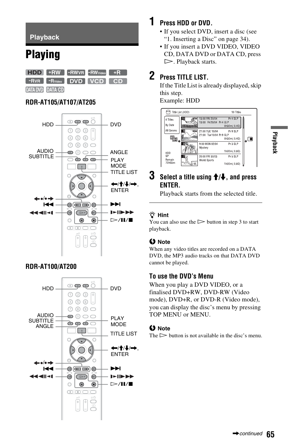 Playback, Playing, Nu (65) | Sony AT107 User Manual | Page 65 / 160