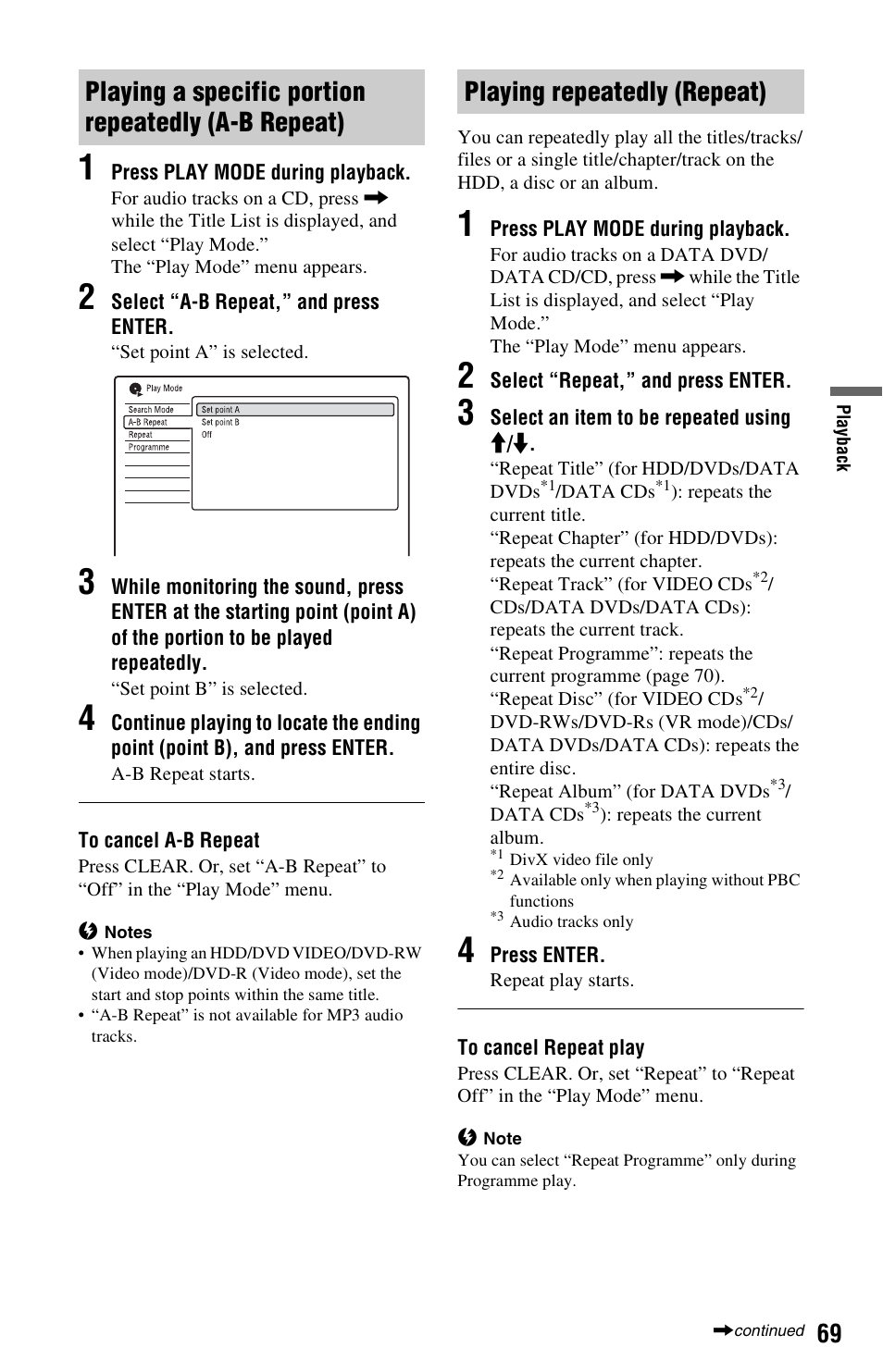 Playing a specific portion repeatedly (a-b repeat), Playing repeatedly (repeat) | Sony AT107 User Manual | Page 69 / 160
