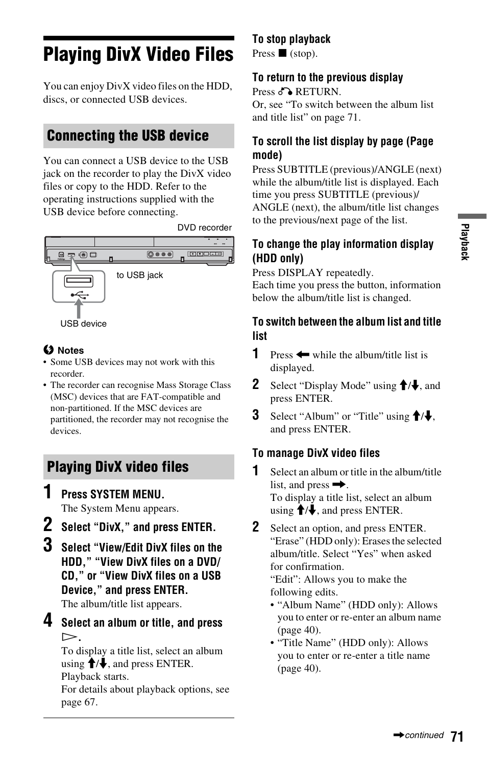 Playing divx video files, Connecting the usb device, Connecting the usb device playing divx video files | Sony AT107 User Manual | Page 71 / 160
