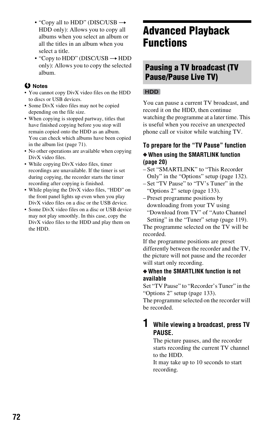 Advanced playback functions, Pausing a tv broadcast (tv pause/pause live tv), Tv pause (72) | Sony AT107 User Manual | Page 72 / 160