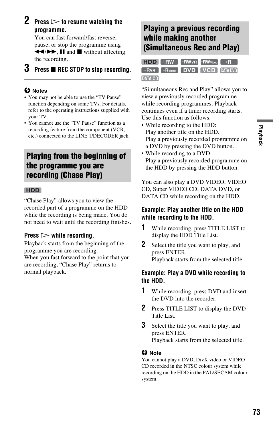 Chase play), Playing a previous recording while making another, Simultaneous rec and play) | Sony AT107 User Manual | Page 73 / 160