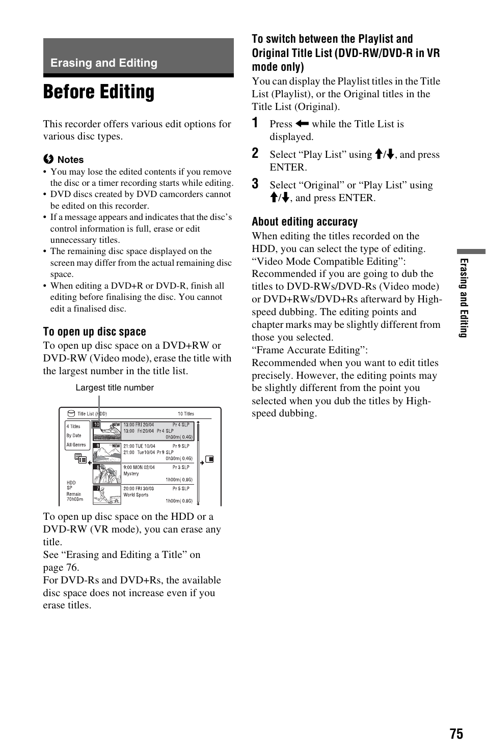 Erasing and editing, Before editing, To open up disc | Sony AT107 User Manual | Page 75 / 160