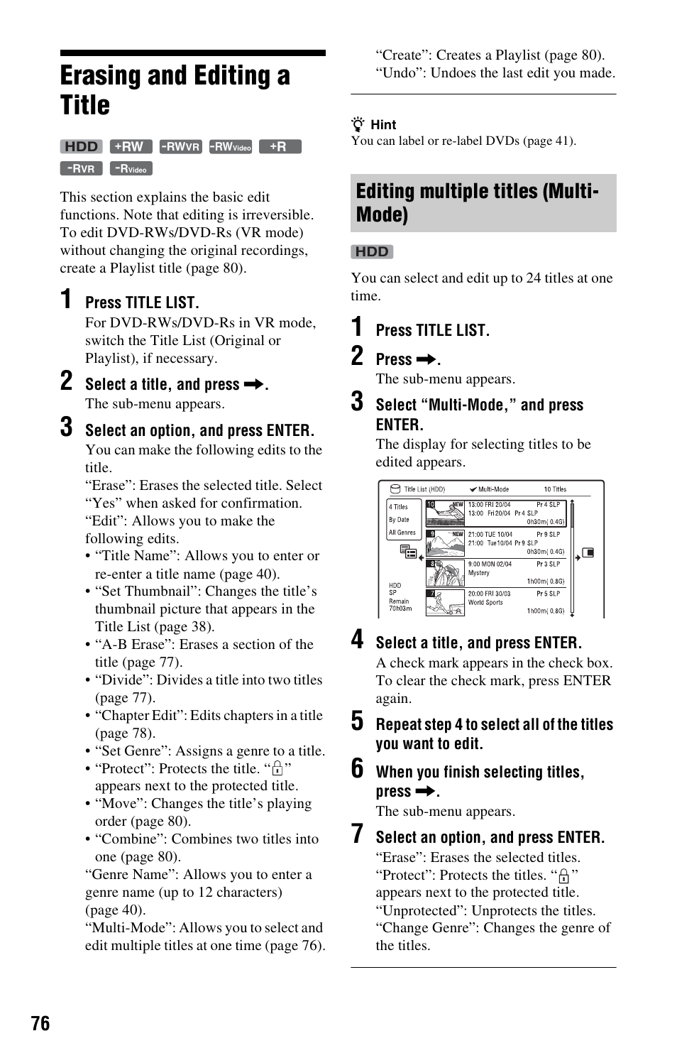 Erasing and editing a title, Editing multiple titles (multi-mode), Editing multiple titles (multi- mode) | Sony AT107 User Manual | Page 76 / 160