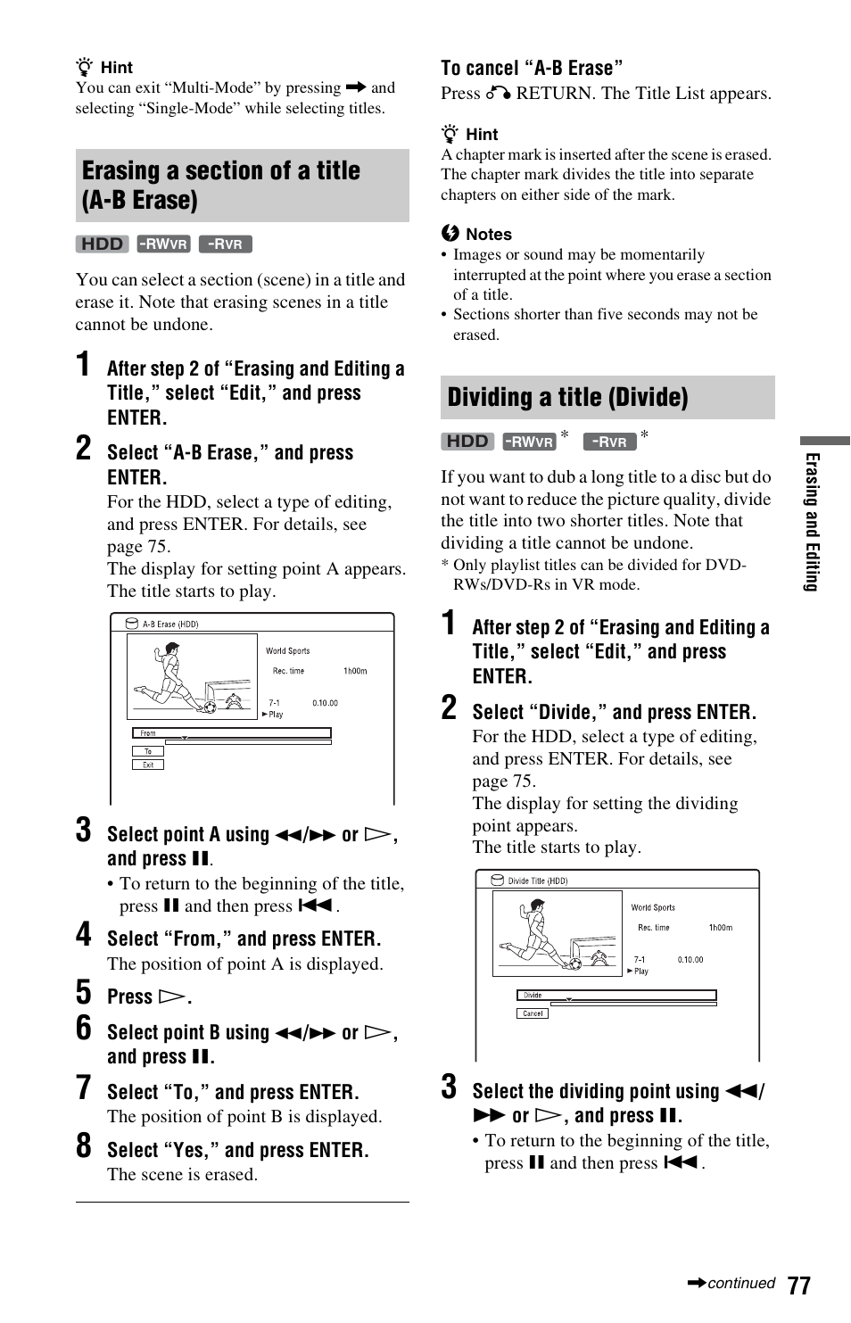 Erasing a section of a title (a-b erase), Dividing a title (divide) | Sony AT107 User Manual | Page 77 / 160