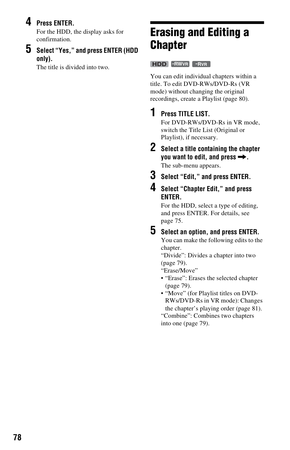 Erasing and editing a chapter | Sony AT107 User Manual | Page 78 / 160