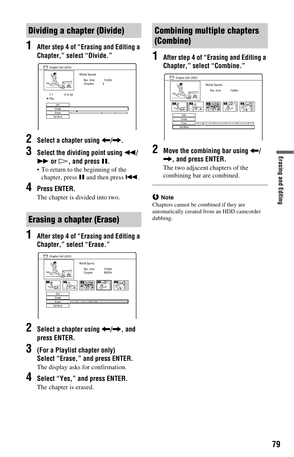 Dividing a chapter (divide), Erasing a chapter (erase), Combining multiple chapters (combine) | Sony AT107 User Manual | Page 79 / 160