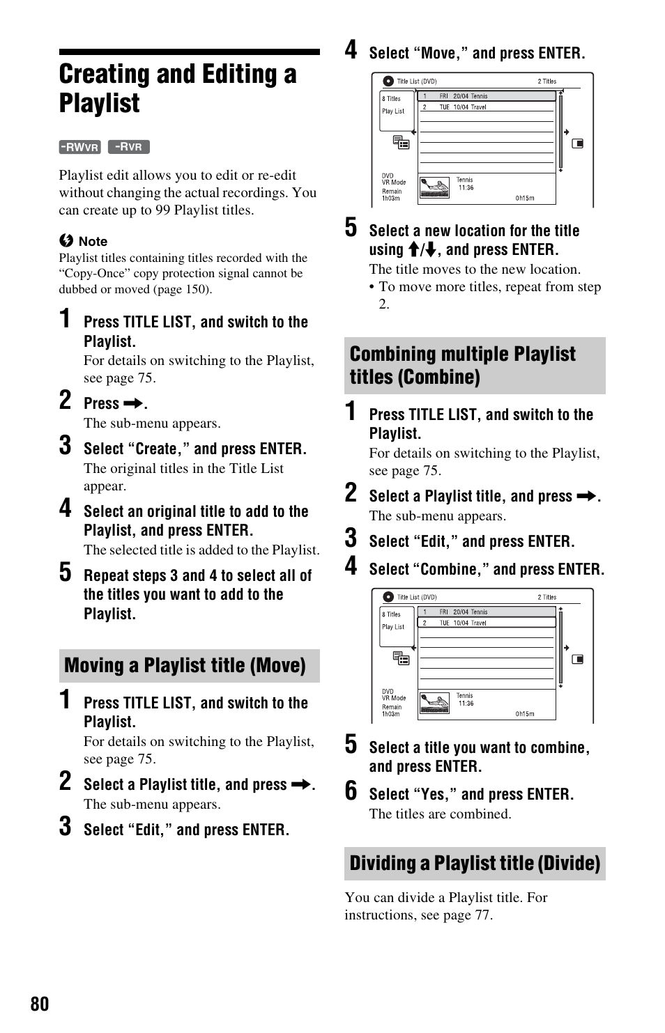 Creating and editing a playlist, Moving a playlist title (move), Combining multiple playlist titles (combine) | Dividing a playlist title (divide) | Sony AT107 User Manual | Page 80 / 160