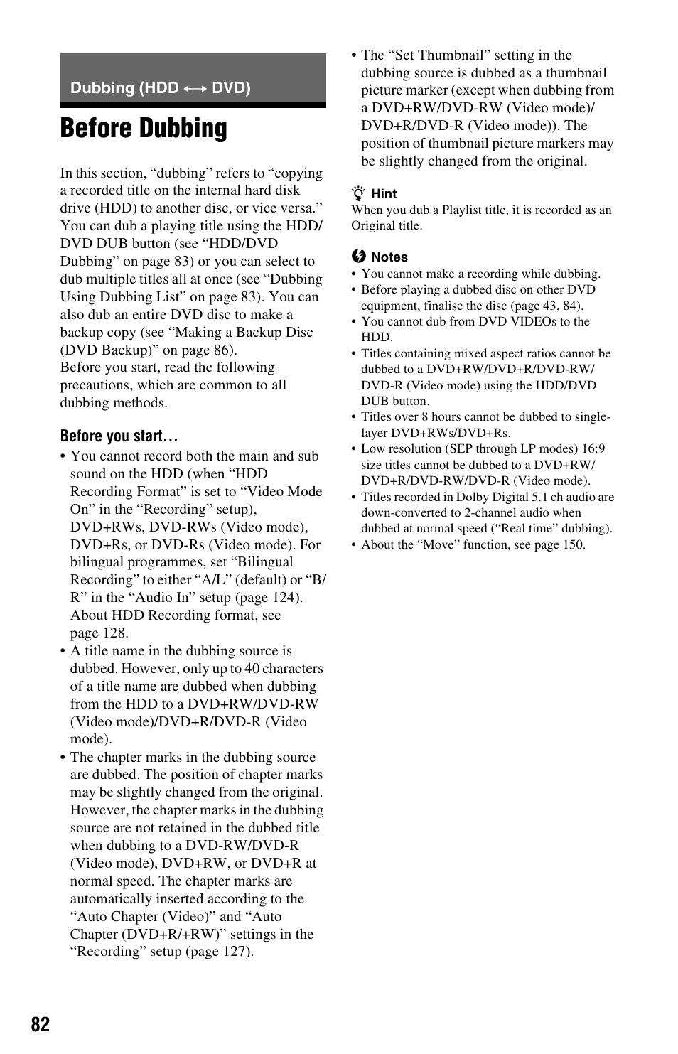 Dubbing (hdd y dvd), Before dubbing | Sony AT107 User Manual | Page 82 / 160