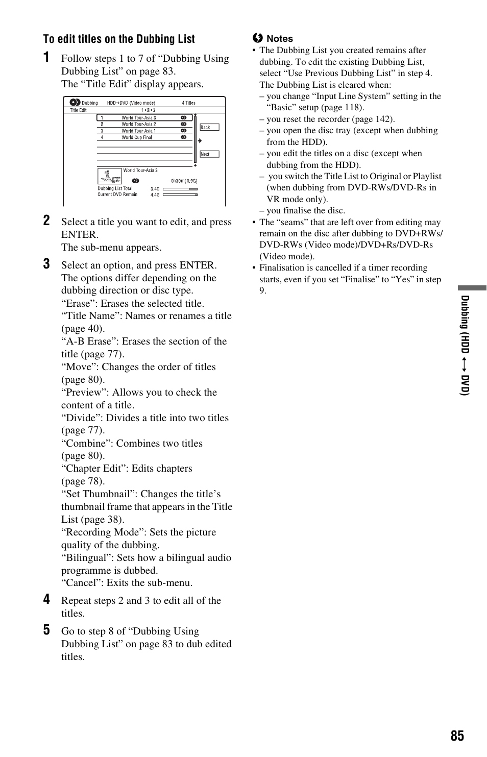 To edit titles on the dubbing list | Sony AT107 User Manual | Page 85 / 160