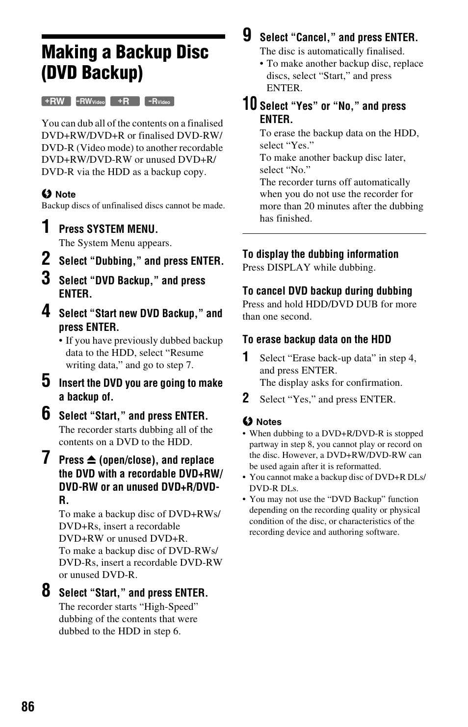 Making a backup disc (dvd backup) | Sony AT107 User Manual | Page 86 / 160
