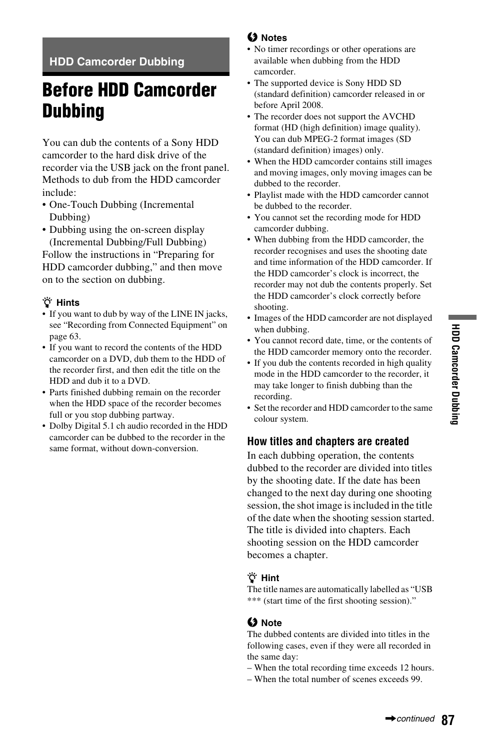 Hdd camcorder dubbing, Before hdd camcorder dubbing | Sony AT107 User Manual | Page 87 / 160