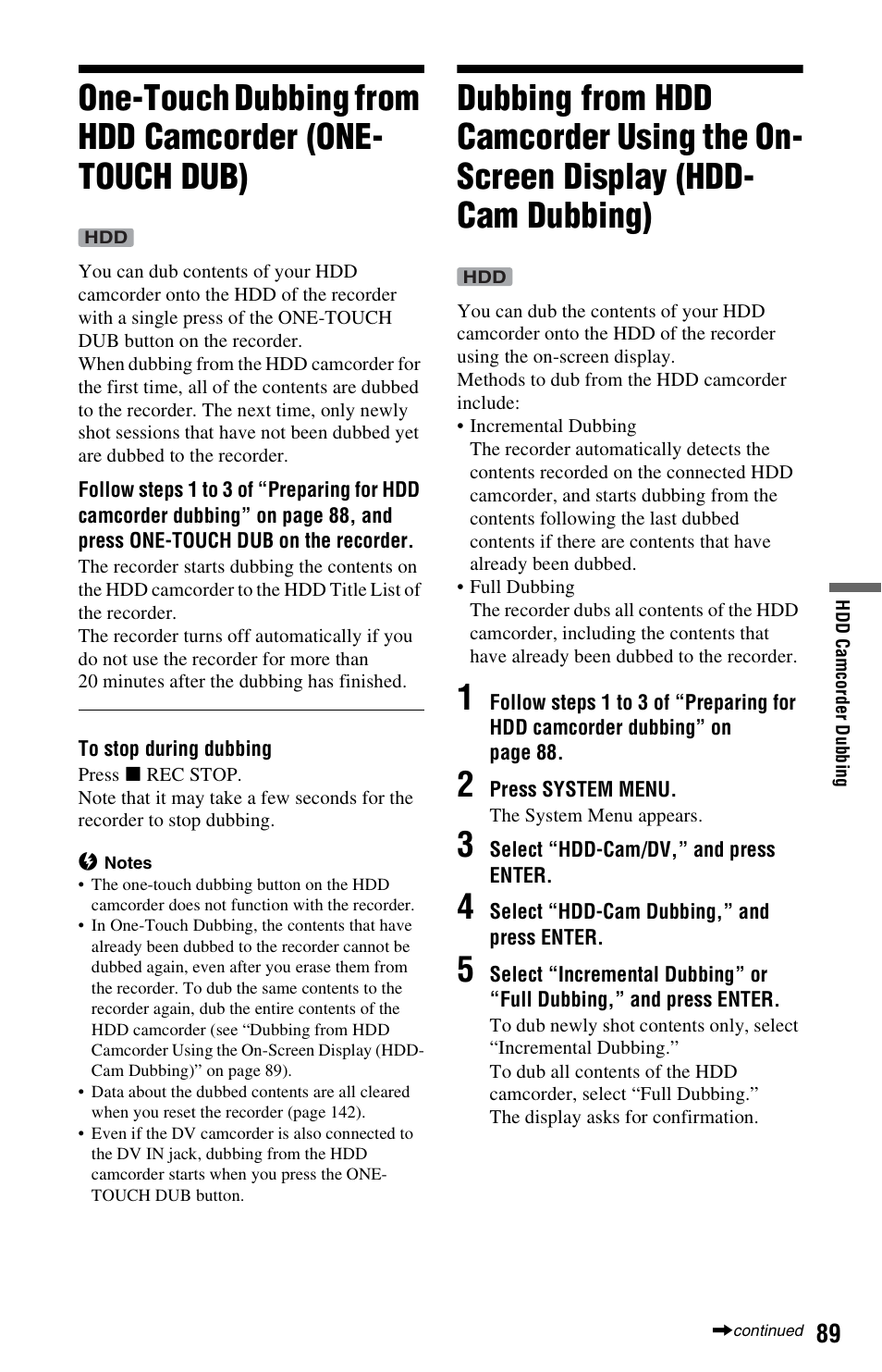 Hdd-cam dubbing), Uch dub (89 | Sony AT107 User Manual | Page 89 / 160