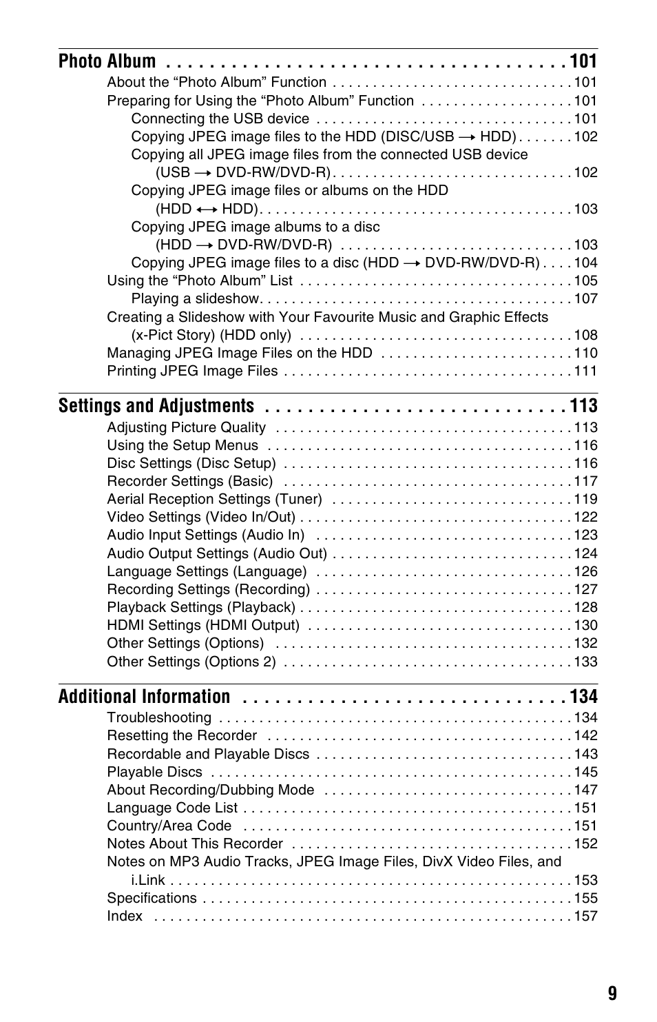9photo album, Settings and adjustments, Additional information | Sony AT107 User Manual | Page 9 / 160