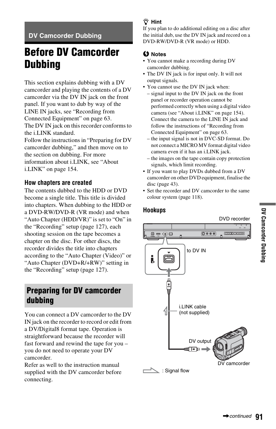 Dv camcorder dubbing, Before dv camcorder dubbing, Preparing for dv camcorder dubbing | Sony AT107 User Manual | Page 91 / 160