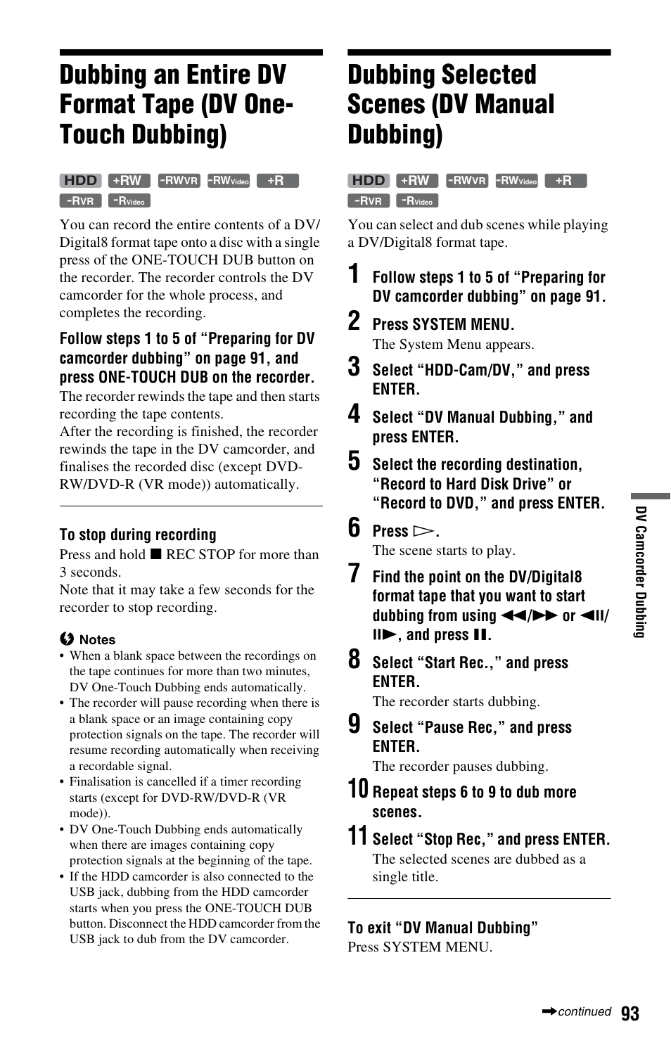 Dubbing selected scenes (dv manual dubbing) | Sony AT107 User Manual | Page 93 / 160