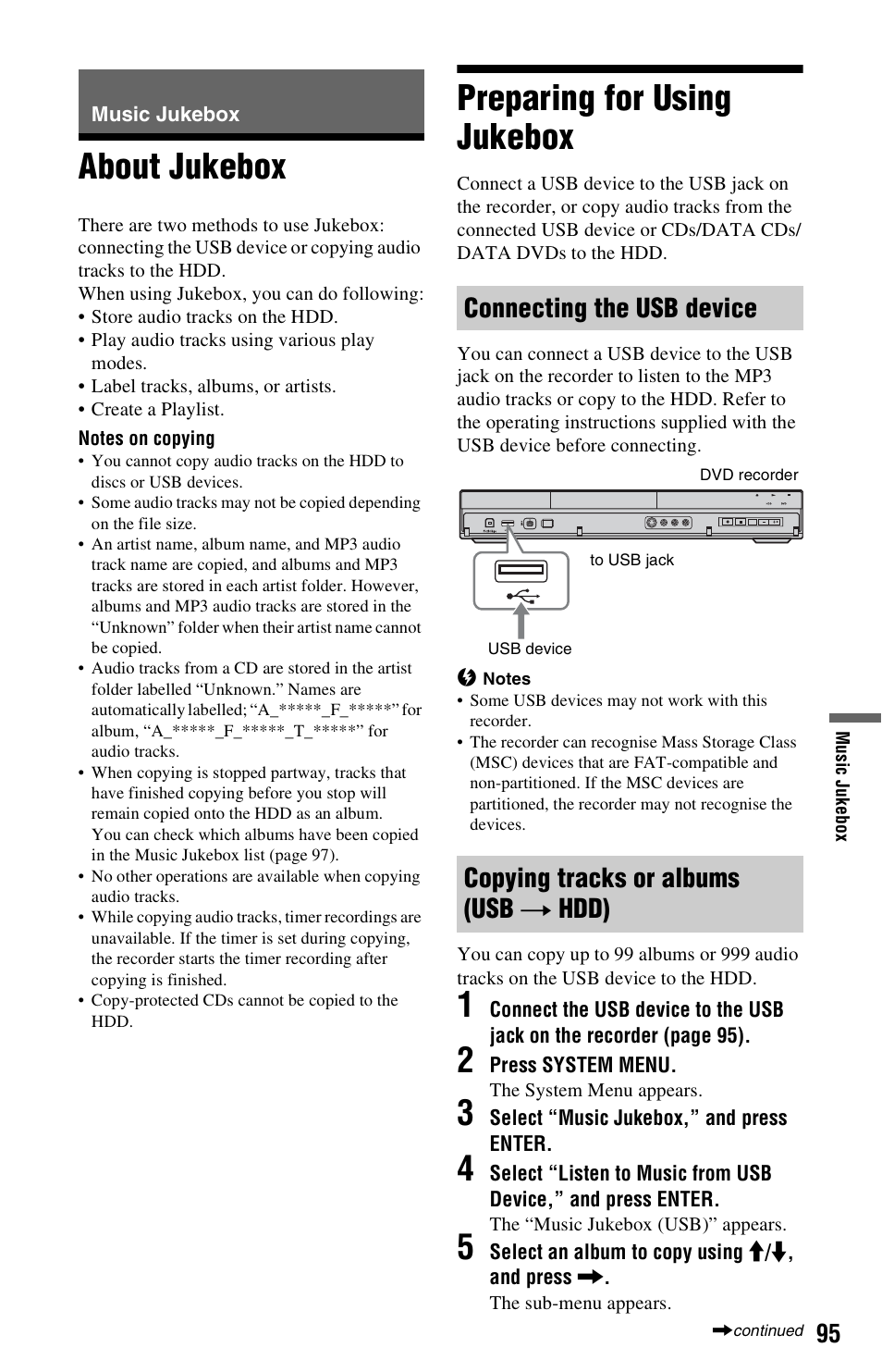 Music jukebox, About jukebox, Preparing for using jukebox | Connecting the usb device, Copying tracks or albums (usb t hdd), About jukebox preparing for using jukebox, T hdd) | Sony AT107 User Manual | Page 95 / 160