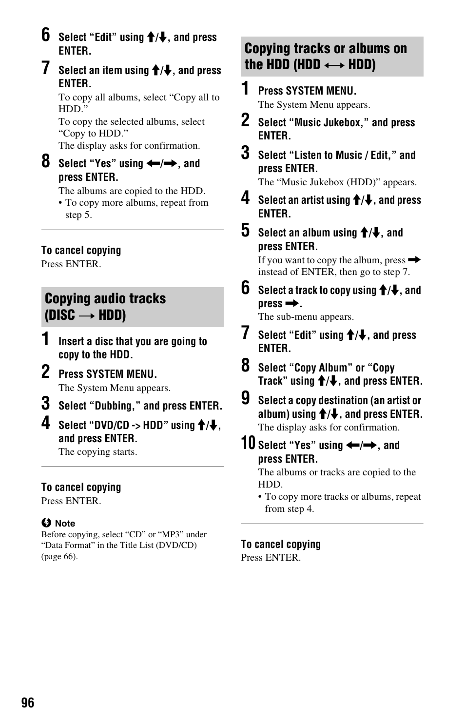 Copying audio tracks (disc t hdd), Copying tracks or albums on the hdd (hdd y hdd), Copying audio tracks (disc | T hdd), Copying tracks or albums on the hdd (hdd, Y hdd) | Sony AT107 User Manual | Page 96 / 160