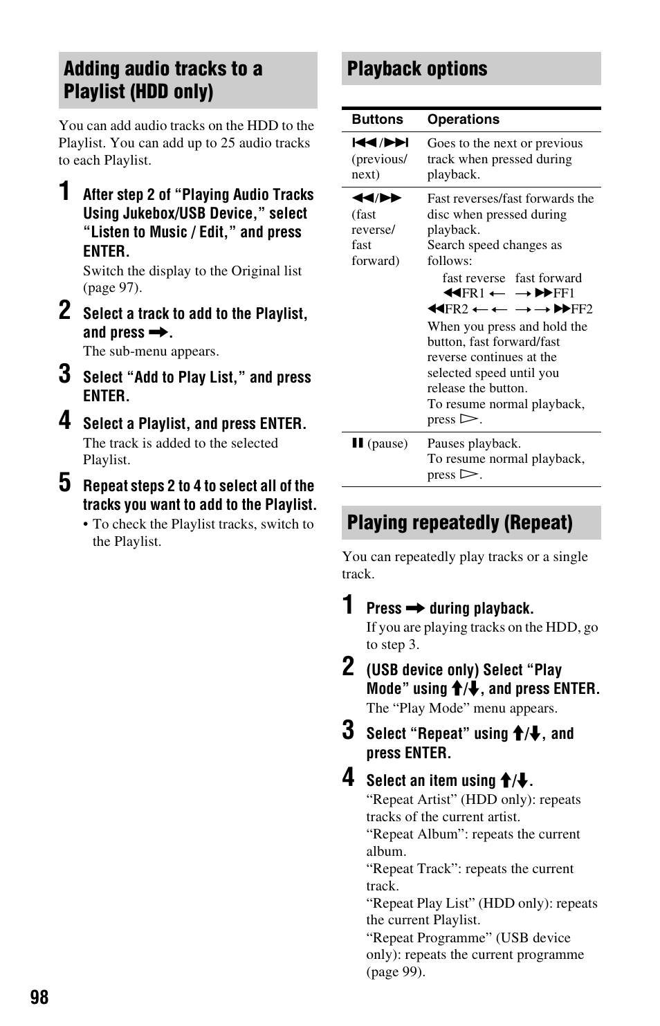 Adding audio tracks to a playlist (hdd only), Playback options, Playing repeatedly (repeat) | Sony AT107 User Manual | Page 98 / 160