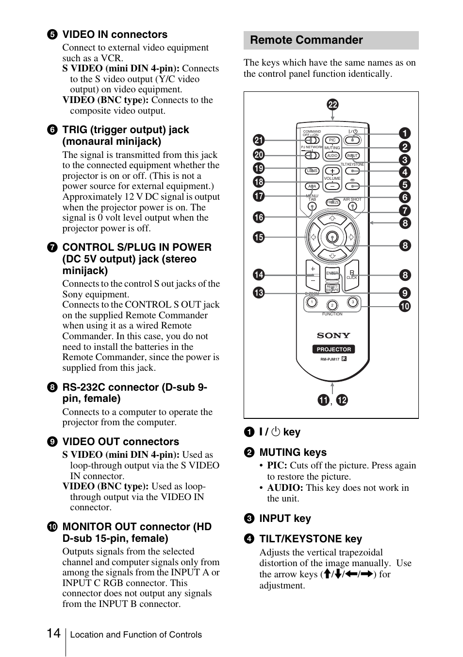 Remote commander, Qs 6 7 5, E video in connectors | F trig (trigger output) jack (monaural minijack), H rs-232c connector (d-sub 9- pin, female), I video out connectors, J monitor out connector (hd d-sub 15-pin, female), Key b muting keys, C input key 4 tilt/keystone key | Sony FX52L User Manual | Page 14 / 57