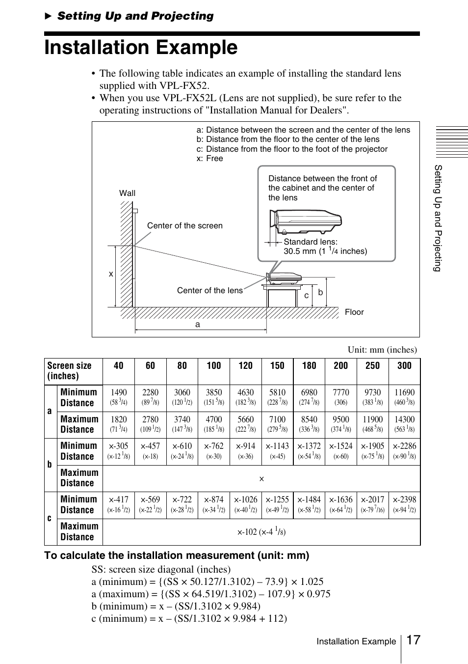 Setting up and projecting, Installation example | Sony FX52L User Manual | Page 17 / 57