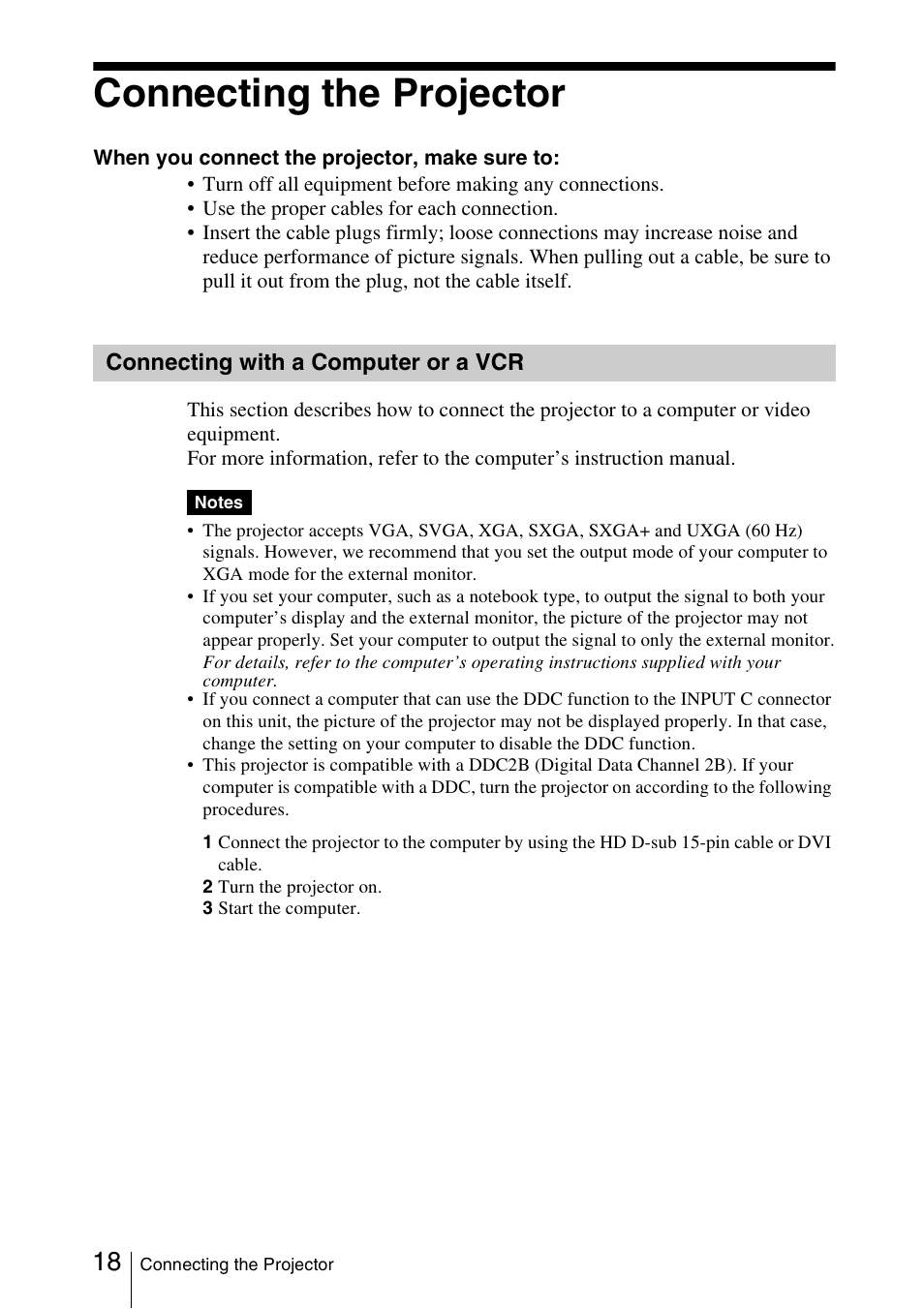 Connecting the projector, Connecting with a computer or a vcr, Connecting with a computer or a | Sony FX52L User Manual | Page 18 / 57