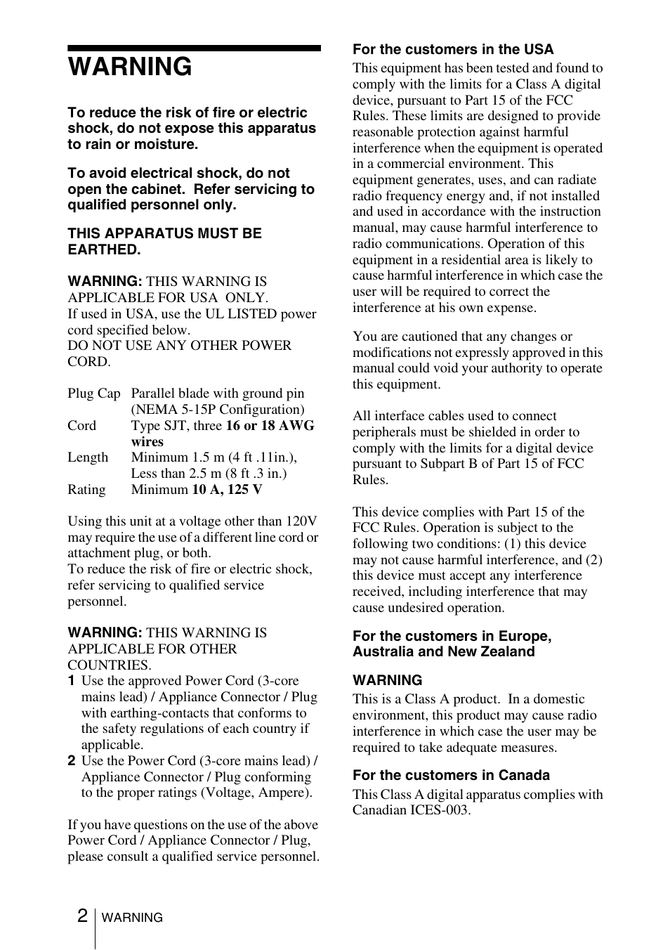 Warning | Sony FX52L User Manual | Page 2 / 57