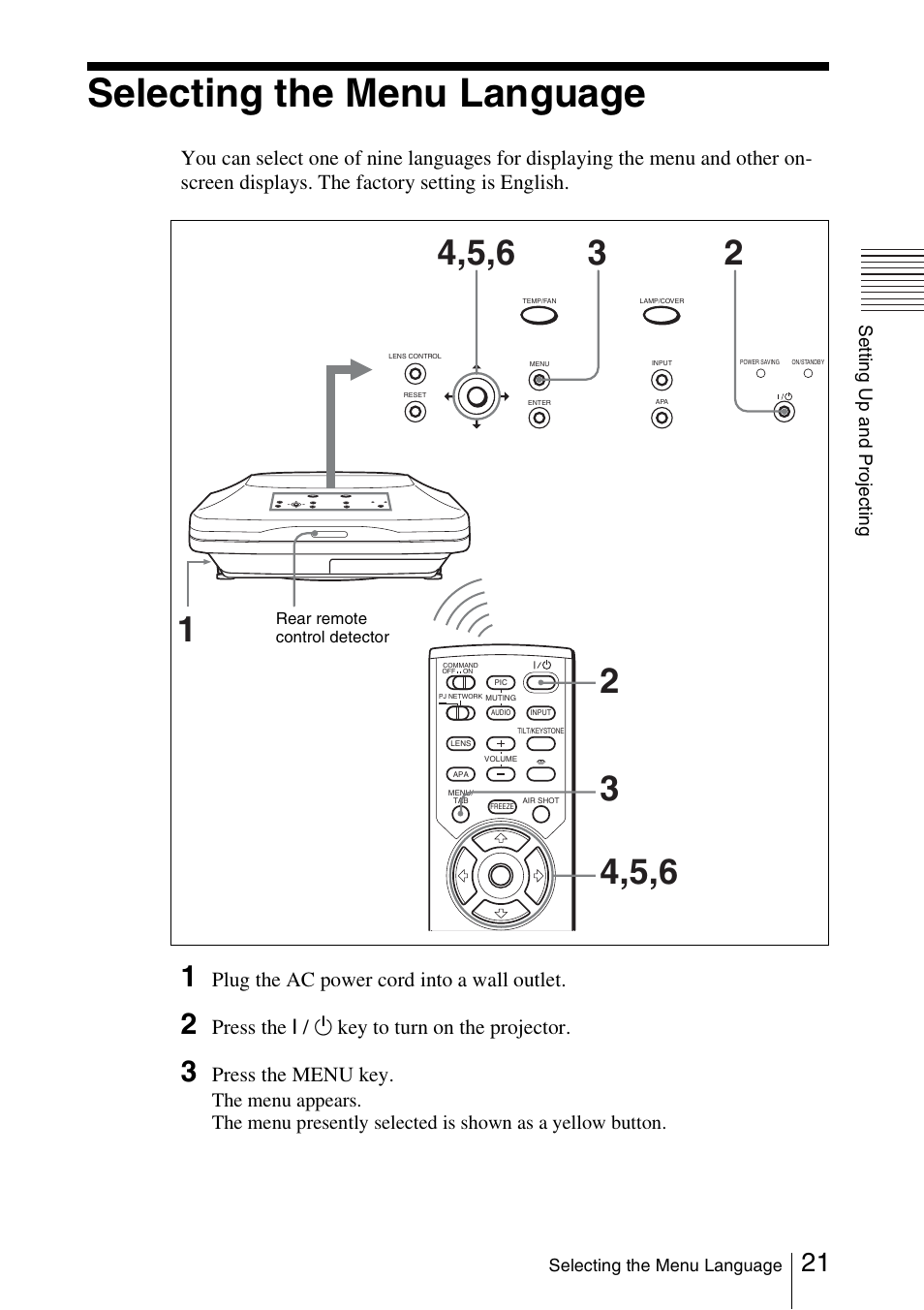 Selecting the menu language, Plug the ac power cord into a wall outlet, Press the i | Key to turn on the projector, Press the menu key | Sony FX52L User Manual | Page 21 / 57