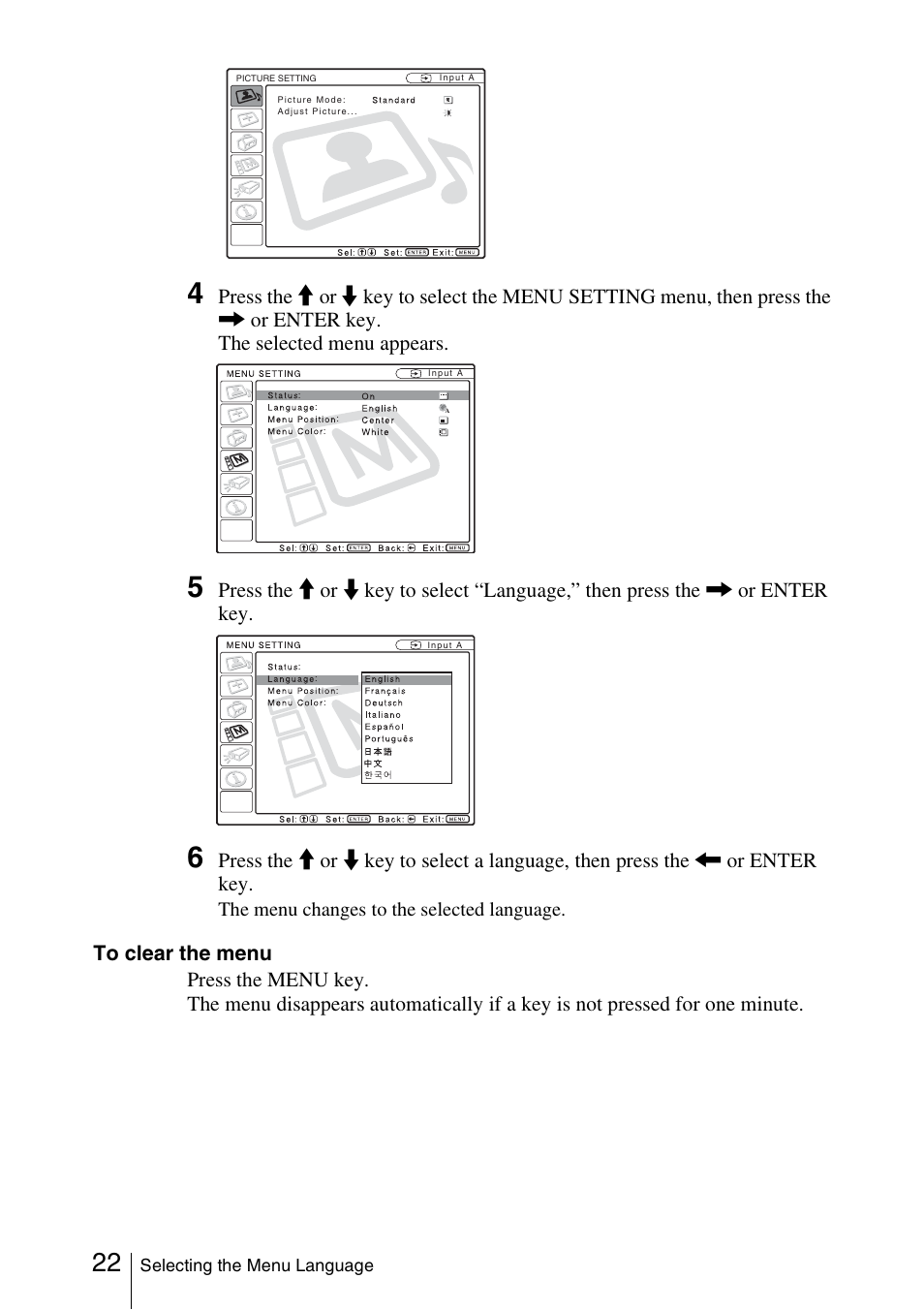 The menu changes to the selected language | Sony FX52L User Manual | Page 22 / 57