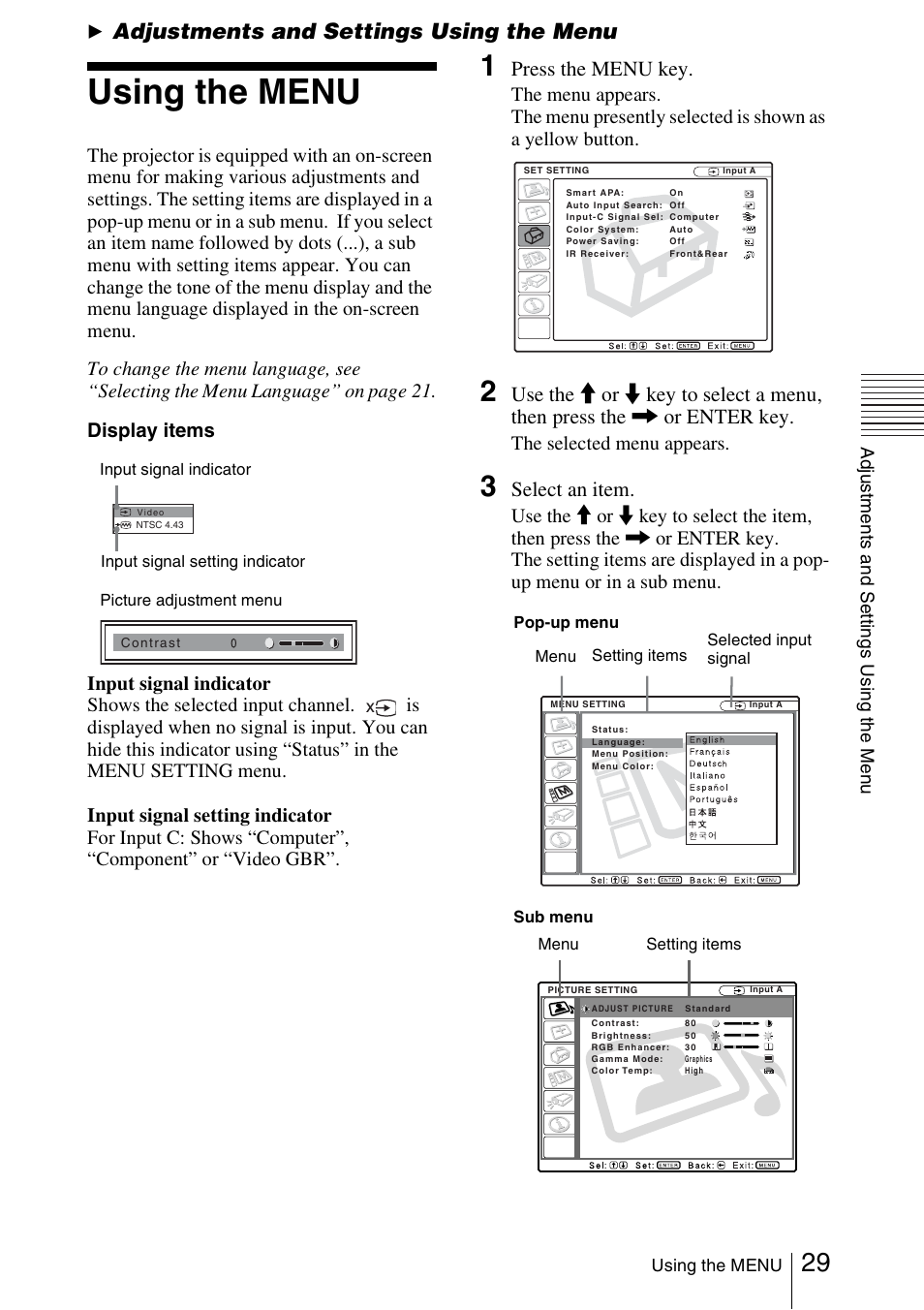 Adjustments and settings using the menu, Using the menu, Press the menu key | Select an item | Sony FX52L User Manual | Page 29 / 57